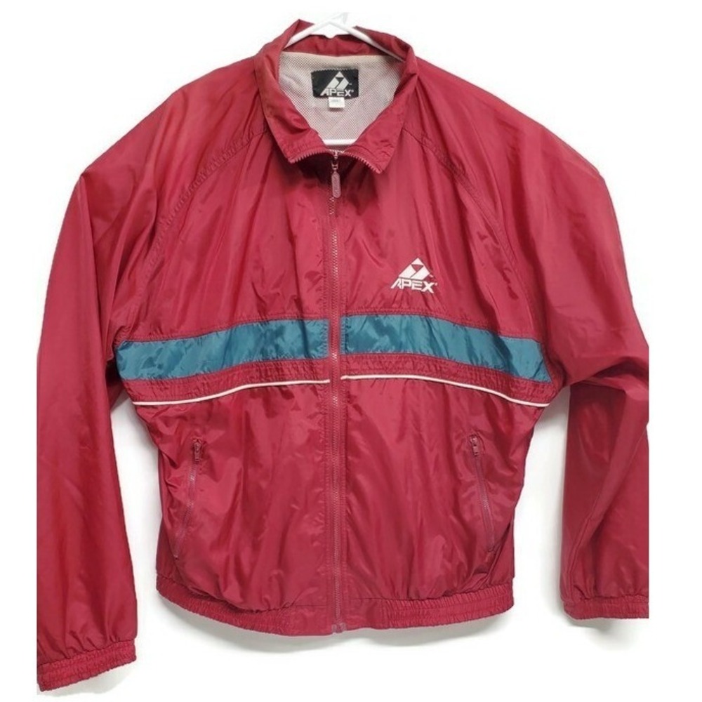 Apex Vintage Mens Windbreaker Jacket Red Teal Stripe Mesh Lined Full Zip Large